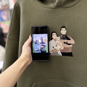 Brodé par photo de famille de portrait sweat à capuche broderie chat chien amis photographie Crewneck Sweatshirt vêtements article cadeau personnalisé vente