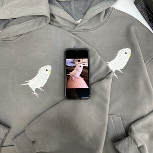 Embroidered Pet Parrot Bird Hamster Photo Portrait Hoodie Cat Dog Family Friend Owner Portrait Crewneck Sweatshirt Personalized Custom Gift
