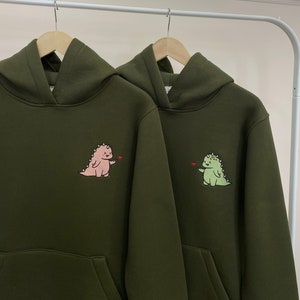 Embroidered Cartoon Couple T-Rex Dragon Dinosaur Hoodies Tyranosaur Crewneck Matching Sweatshirts Items Anniversary Gift for Her Him Sale
