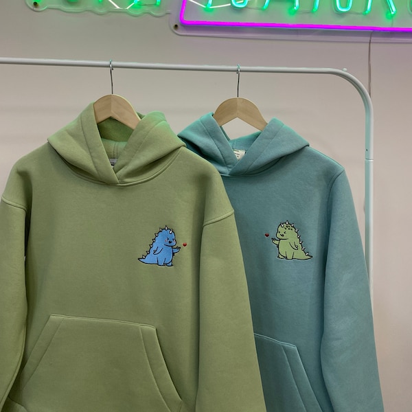 Couple Embroidered T-Rex Dragon Dinosaur Hoodies Cartoon Tyranosaur Crewneck Matching Sweatshirts Items Anniversary Gift for Her Him Sale