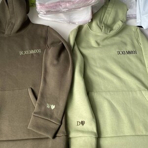 Embroidered Roman Numeral Date or Cartoon Hoodies with Initials on the Sleeve Couple Sweatshirts Anniversary Gift for Her and Him
