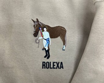 Embroidered by Horse Pet Photo Portrait Hoodie Embroidery Cat Dog Jockey Friend Owner Portrait Equestrian Sport Sweatshirt Custom Gift