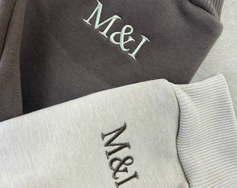 Embroidered Hoodies with Initials Hearts on the Sleeve Custom Date or Cartoon Couple Sweatshirts Anniversary Gift for Her and Him