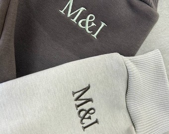 Custom Embroidered Hoodies with Initials on the Sleeve Roman Date or Cartoon Couple Sweatshirts Anniversary Gift for Her and Him