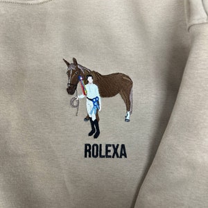 Embroidered by Horse Pet Photo Portrait Hoodie Embroidery Cat Dog Jockey Friend Owner Portrait Equestrian Sport Sweatshirt Custom Gift