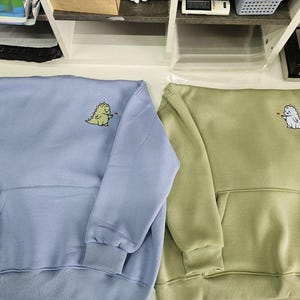 Couple Embroidered T-Rex Dragon Dinosaur Hoodies Cartoon Tyranosaur Crewneck Matching Sweatshirts Items Anniversary Gift for Her and Him