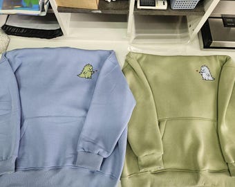 Couple Embroidered T-Rex Dragon Dinosaur Hoodies Cartoon Tyranosaur Crewneck Matching Sweatshirts Items Anniversary Gift for Her and Him