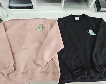Couple Embroidered T-Rex Dragon Dinosaur Hoodies Cartoon Tyranosaur Crewneck Matching Sweatshirts Items Anniversary Gift for Her and Him