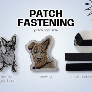 Pode incluir: São mostrados três métodos diferentes para fixar patches em tecido: ferro de passar com base de cola, costura e velcro. A imagem mostra exemplos de cada método com patches que apresentam desenhos de cães.