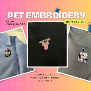 Bordado por mascota foto retrato sudadera con capucha bordado gato perro familia amigo propietario retrato cuello redondo sudadera personalizada regalo personalizado (venta)