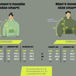 Peut inclure: Tableau des tailles pour un sweat &agrave; capuche surdimensionn&eacute; avec des mesures en pouces et en centim&egrave;tres. Le tableau indique les mesures de la poitrine, de la longueur et des manches pour les tailles S, M et L.