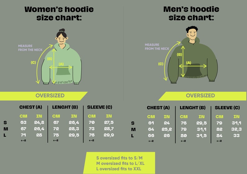 Peut inclure: Tableau des tailles pour un sweat &agrave; capuche surdimensionn&eacute; avec des mesures en pouces et en centim&egrave;tres. Le tableau indique les mesures de la poitrine, de la longueur et des manches pour les tailles S, M et L.