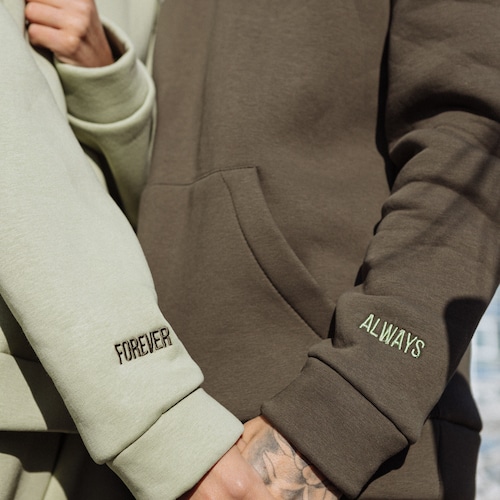 Embroidered 2 Sleeves Hoodie with Initials / Roman Date / Cartoon Couple Sweatshirts Anniversary Gift for Her and Him Sale