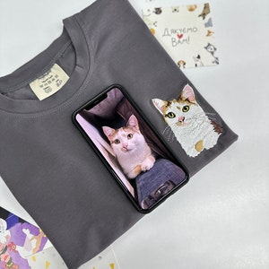 Dark Gray T-shirt Embroidered Pet Cat Dog Owner Hoodie Embroidery Portrait Photo Sweatshirt Custom Gift for Her and Him Boyfriend