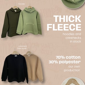 May include: A selection of hoodies and crewnecks in various colours, including green, black, brown, and grey. The text "THICK FLEECE" is displayed in large white letters. The text "hoodies and crewnecks in stock" is displayed in smaller white letters. The text "70% cotton 30% polyester our own production" is displayed in smaller white letters. The text "INSIDEOUT" is displayed in a yellow box with a white outline.