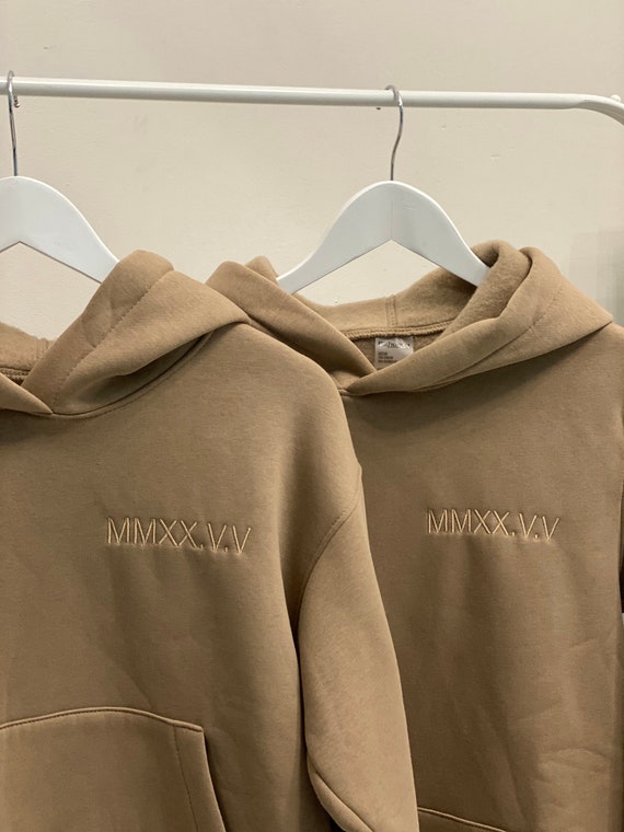 Matching Couple Hoodie Custom Embroidered Roman Numeral Date And Initials on Sleeves PERSONALIZED Hoodie Embroidered For Couple