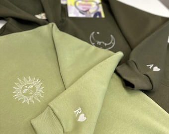 Matching Couple Embroidered Aesthetic Minimalistic Sun Moon Hoodies Sweatshirts Sleeve Embroidery Anniversary Christmas Gift for Him Sale