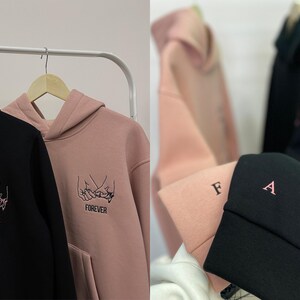 Couple Embroidered Pinky Promise Hoodies with Initials on the Sleeve Roman Date or Cartoon Sweatshirts Anniversary Gift for Her and Him