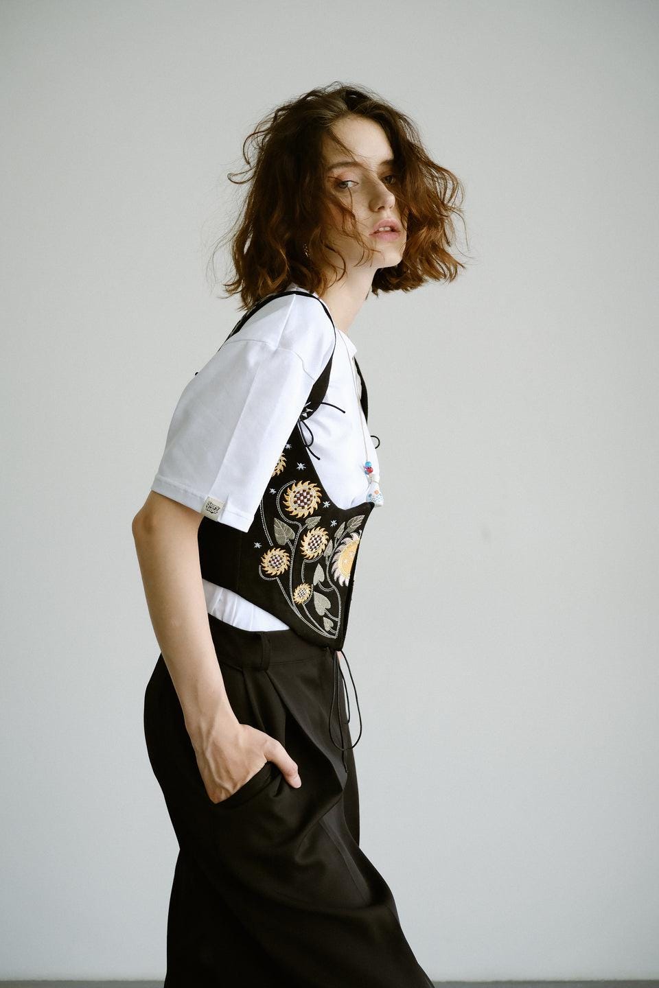 Black Corset Sun and Moon Sunflower Floral Linen Embroidered