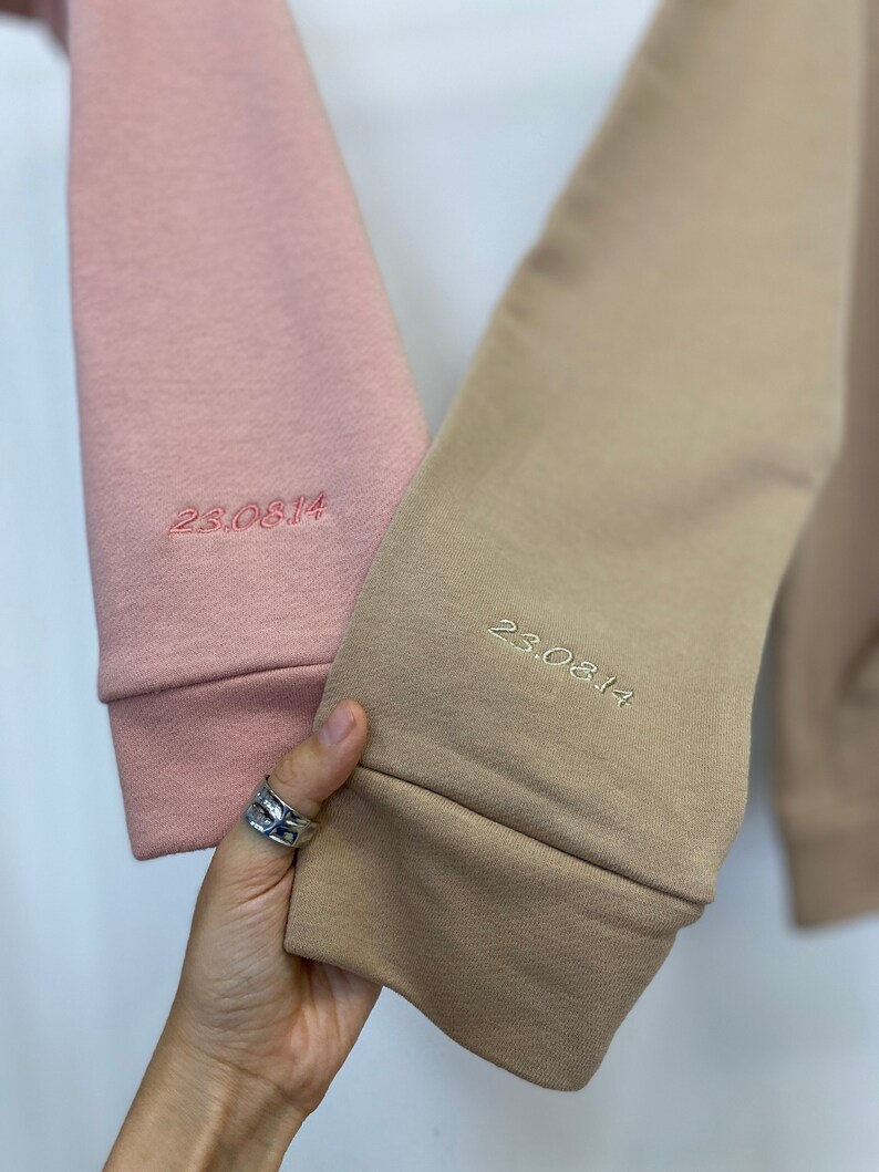 Couple Embroidered Hoodies with Cursive Initials Arabic or Roman Dates on the Sleeve Cartoon Sweatshirts Anniversary Gift for Her and Him