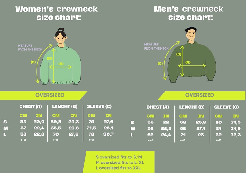 May include: Size chart for an oversized crewneck sweater. The chart shows measurements in inches and centimetres for chest, length, and sleeve. The chart includes sizes S, M, and L.