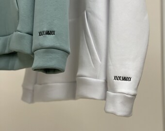 Embroidered Roman Date or Cartoon Hoodies with Initials on the Sleeve Couple Sweatshirts Tshirts Anniversary Gift for Her and Him