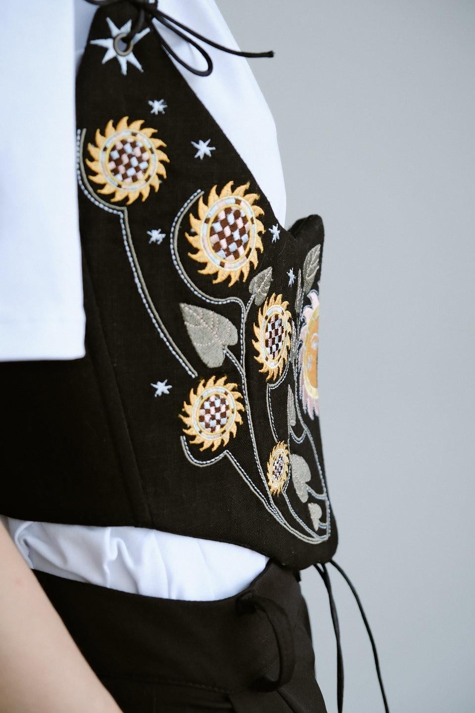 Black Corset Sun and Moon Sunflower Floral Linen Embroidered