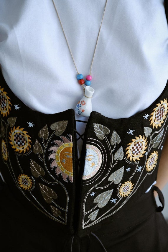 Black Corset Sun and Moon Sunflower Floral Linen Embroidered