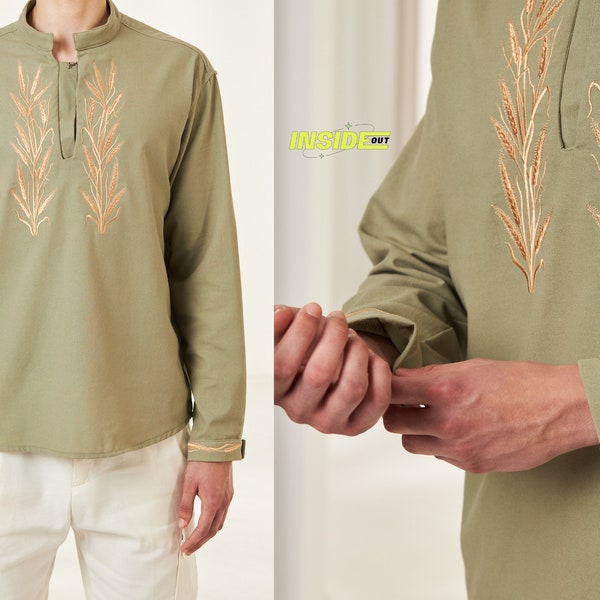Male Embroidered Wheat Blouse Ornament Ethnic Linen Peasant Shirt Boho Floral Plant Rustic Men Embroidery Bohemian Summer Clothing Gift