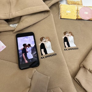 Anniversary Gift Embroidered Couple Family Photo Portrait Hoodie Embroidery Cat Dog Friends Portrait Crewneck Sweatshirt Clothes Custom