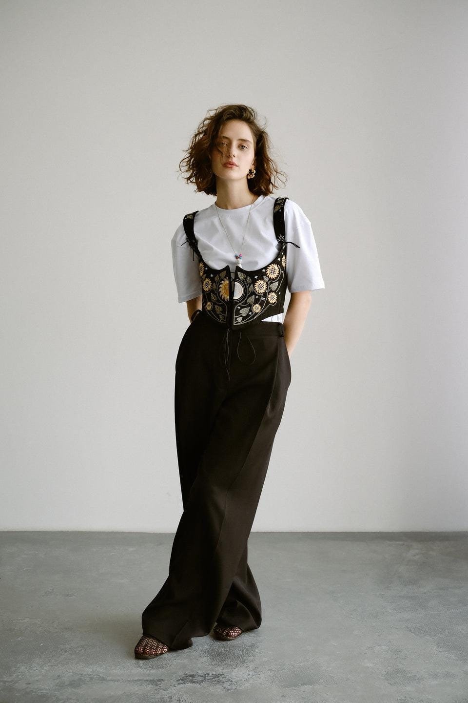 Black Corset Sun and Moon Sunflower Floral Linen Embroidered