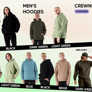 Peut inclure: Une s&eacute;lection de sweats &agrave; capuche de diff&eacute;rentes couleurs, notamment bleu, noir, vert fonc&eacute;, vert clair, rose, beige et un col rond noir. Les sweats &agrave; capuche sont tous de taille XL et comportent une capuche avec un cordon de serrage. Le texte "OVERSIZED" appara&icirc;t sur l'image.