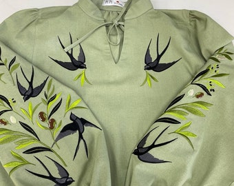 Embroidered Bird Swallow Ornament Ethnic Linen Blouse Shirt Boho Chic Top Women Embroidery Bohemian Summer Clothing Handmade Gift Sale
