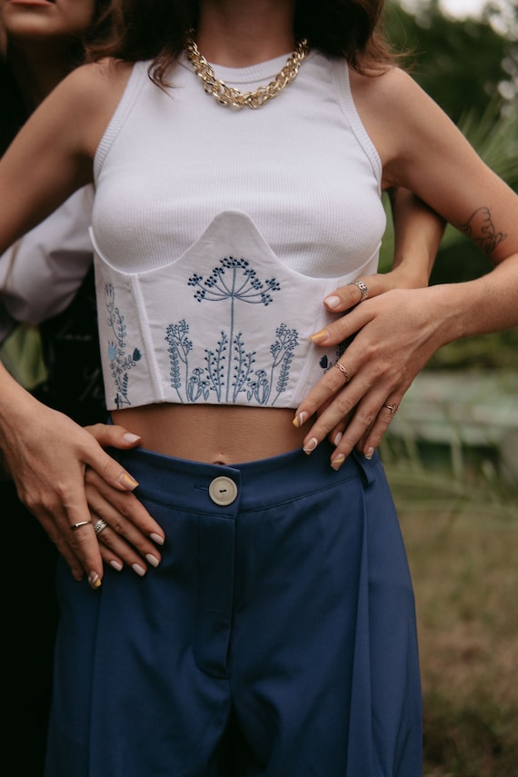 Floral Women s Linen Underbust Corset Top Embroidered Bustier