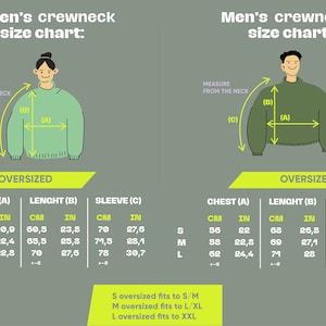 Peut inclure: Tableau des tailles pour un sweat-shirt &agrave; col rond surdimensionn&eacute;. Le tableau indique les mesures en pouces et en centim&egrave;tres pour la poitrine, la longueur et la manche. Le tableau comprend les tailles S, M et L.
