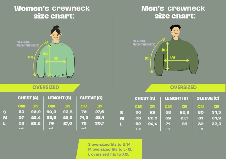 Peut inclure: Tableau des tailles pour un sweat-shirt &agrave; col rond surdimensionn&eacute;. Le tableau indique les mesures en pouces et en centim&egrave;tres pour la poitrine, la longueur et la manche. Le tableau comprend les tailles S, M et L.