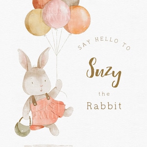 Cute rabbit clipart, Cute animal clipart, Baby shower clipart, Commercial Use clipart, Bunny holding balloons clipart, Pastel watercolor