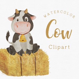 Baby cow clipart, Farm clipart, Cute animal clipart, Woodland animal watercolor clipart, Baby animals clip art commercial use, Nursery art