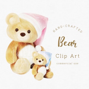 Teddybär Clipart, niedliche Tier Clipart, Aquarell Bär mit rosa und blau schlafenden Hut, Spielzeug Clipart, Waldtier Aquarell