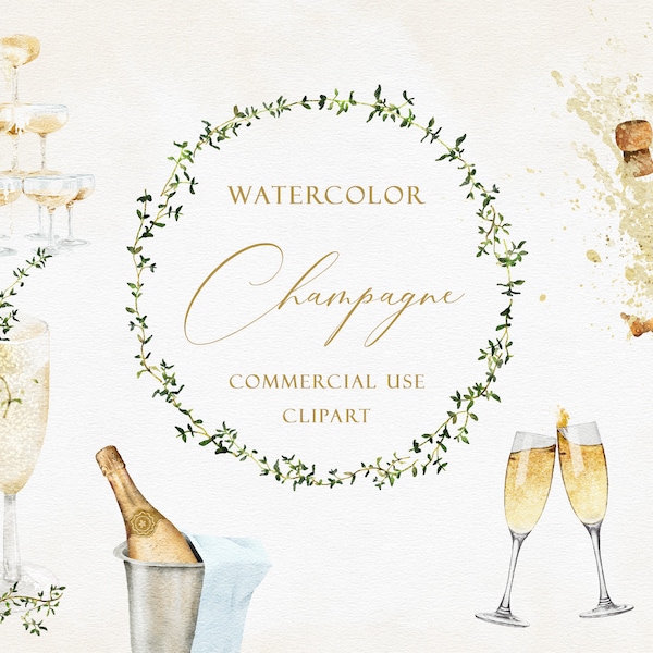 Clipart champagne aquarelle, champagne peint, clipart verres à Champagne, aquarelle clipart mariée, clipart nouvel an, usage commercial