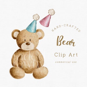 Teddybär Clipart, Bär Illustration Clipart, niedliches Tier Clipart, Bär mit Partyhut, Waldtier Clipart, Clipart für kommerzielle Nutzung