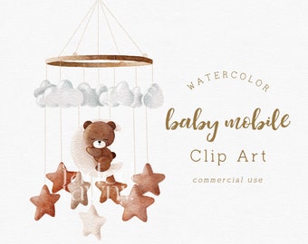 Baby mobile clipart, Watercolor nursery clipart commercial use, Watercolor clipart, Cute baby shower clipart, Gender neutral watercolor art