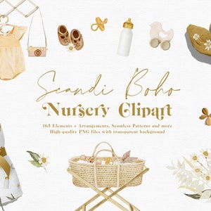 Scandinavische boho kwekerij clipart, Boho baby clipart commercieel gebruik, aquarel clipart, schattige baby shower clipart, aquarel babykleding