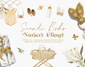 Scandinavian boho nursery clipart, Boho baby clipart commercial use, Watercolor clipart, Cute baby shower clipart, Watercolor baby clothes