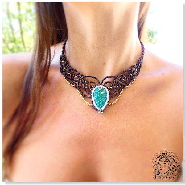 Gaia Core Necklace | Macrame Amazonite Pendant Necklace | Boho Crystal Necklace | Ethnic Necklace