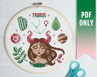 Modèle de point de croix zodiaque taureau, cadeau astrologie DIY (modèle PDF)