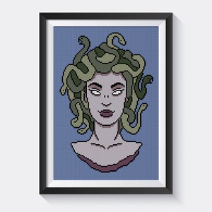 May include: A pixel art illustration of Medusa, a Greek mythological figure, with snakes for hair. Her face is pale with dark eyes and a red mouth. The background is a light blue color.
