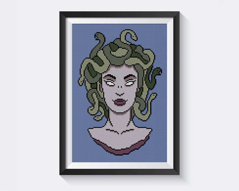 May include: A pixel art illustration of Medusa, a Greek mythological figure, with snakes for hair. Her face is pale with dark eyes and a red mouth. The background is a light blue color.
