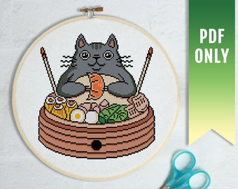 Cat in Dim Sum Steamer Cross Stitch Pattern, Kawaii Japanese Embroidery (PDF Pattern)