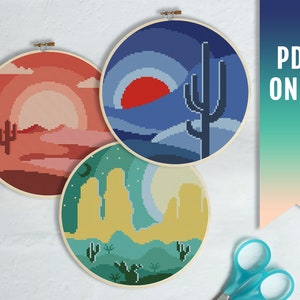 Desert Cross Stitch Patterns Bundle of 3, Cross Stitch Pattern Modern, Landscapes Cross Stitch Pattern PDF, Cross Stitch Pattern Desert